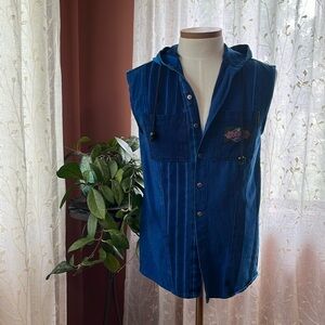 Vintage 90's Exhaust Denim Hooded Monochromatic Blue Vest/ Sleeveless Jacket